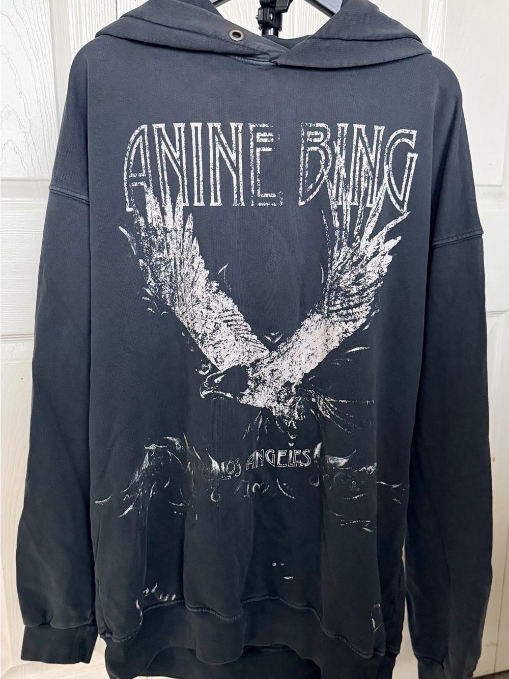 ANINE BING Rowe Eagle Hoodie Washed Black Graphic Large